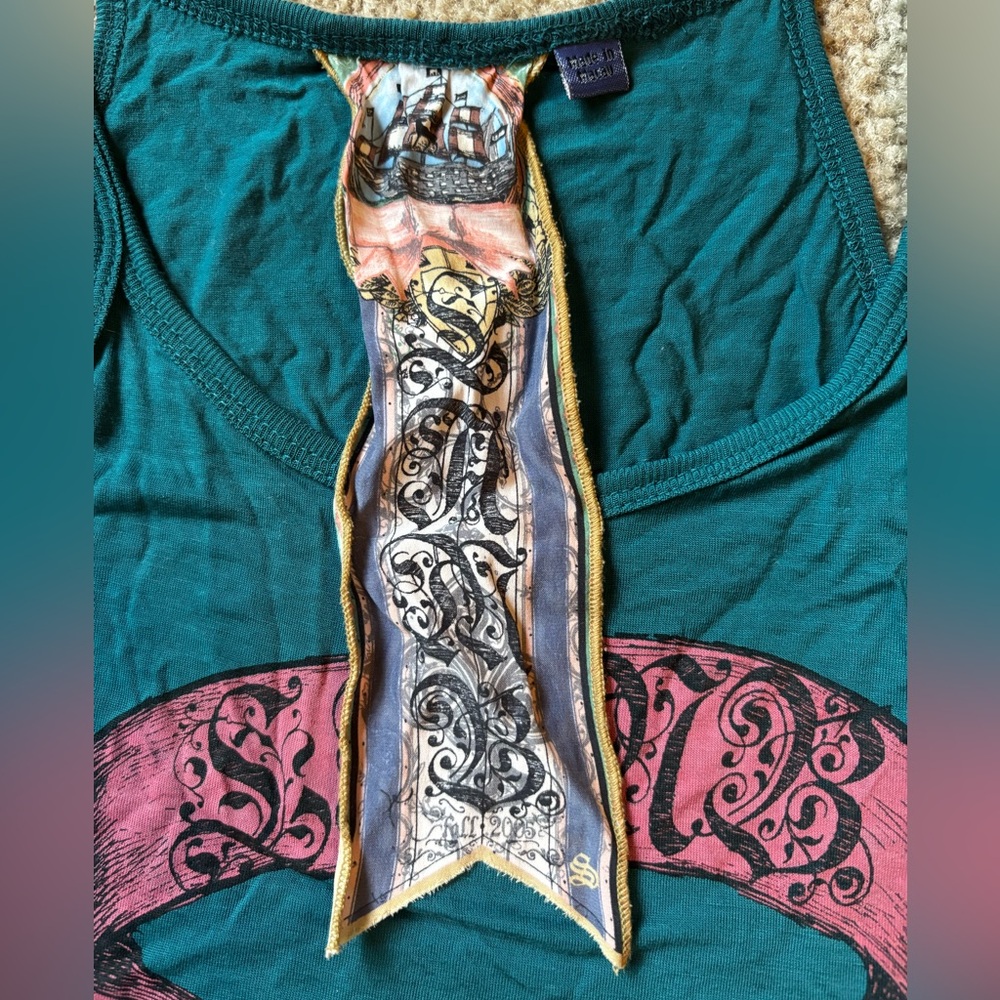 L.A.M.B. Teal Tank Top with Pink Ribbon Graphic - Picture 2 of 5